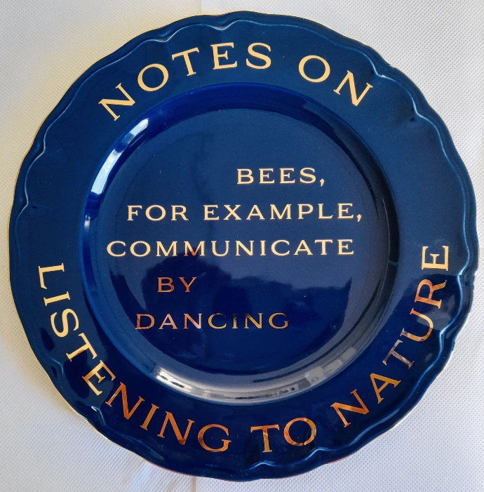 assiette bleue emaillé et décoré au pinceau à l'or fin